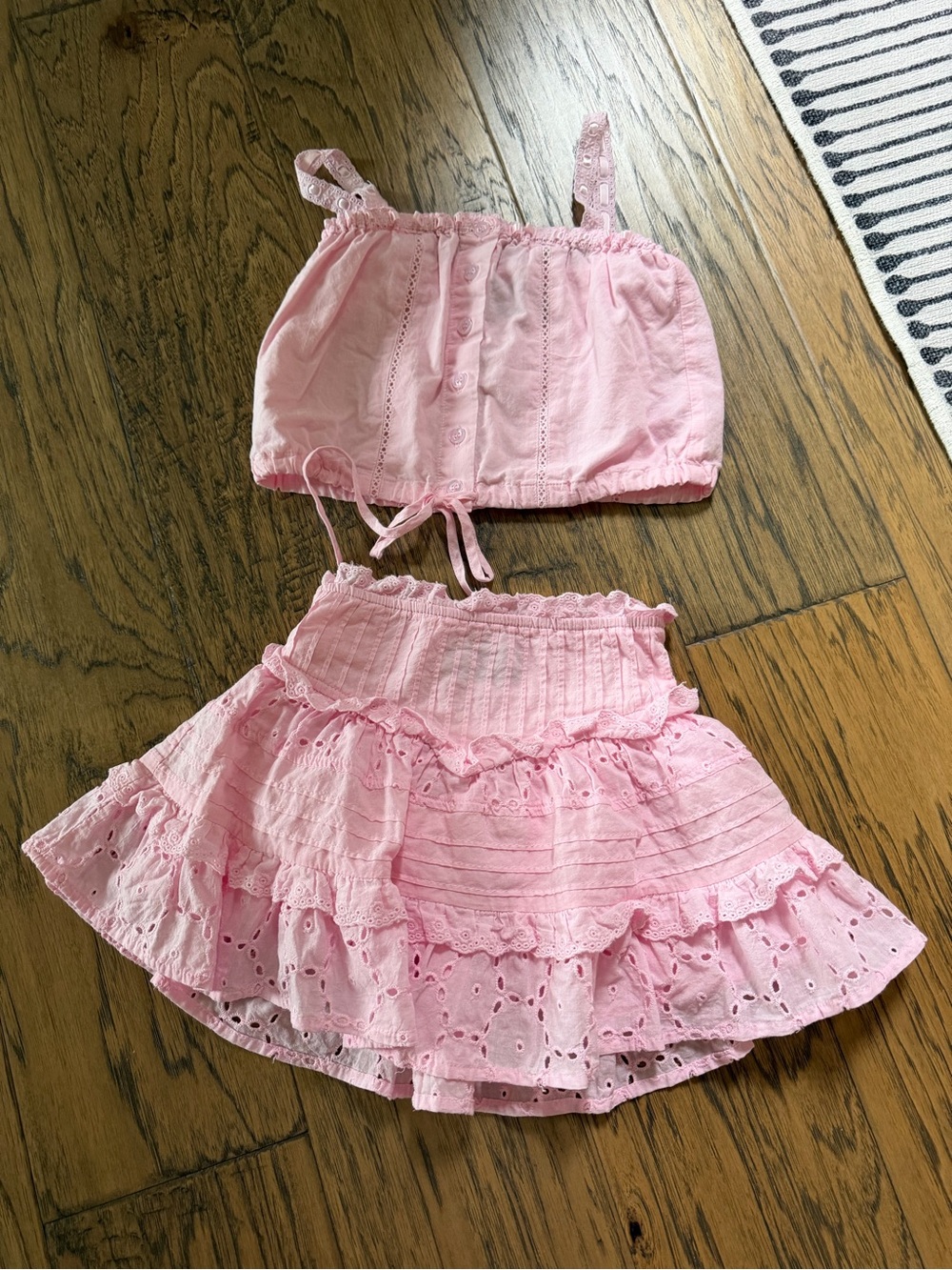 Girls Pink Eyelet Tiered Skirt and Top Set